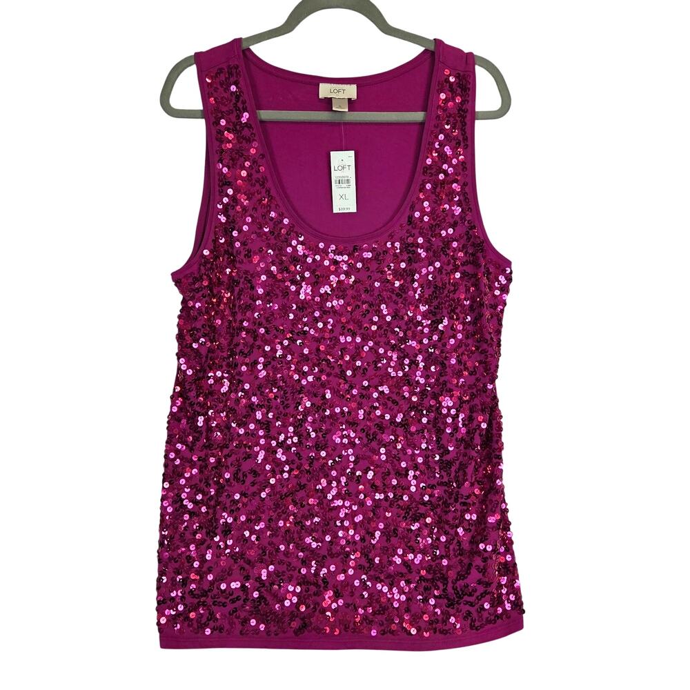 Loft Hot Pink Sequin Tank Top XL Sparkle Shimmer Scoop Neck Party Club Rave NWT